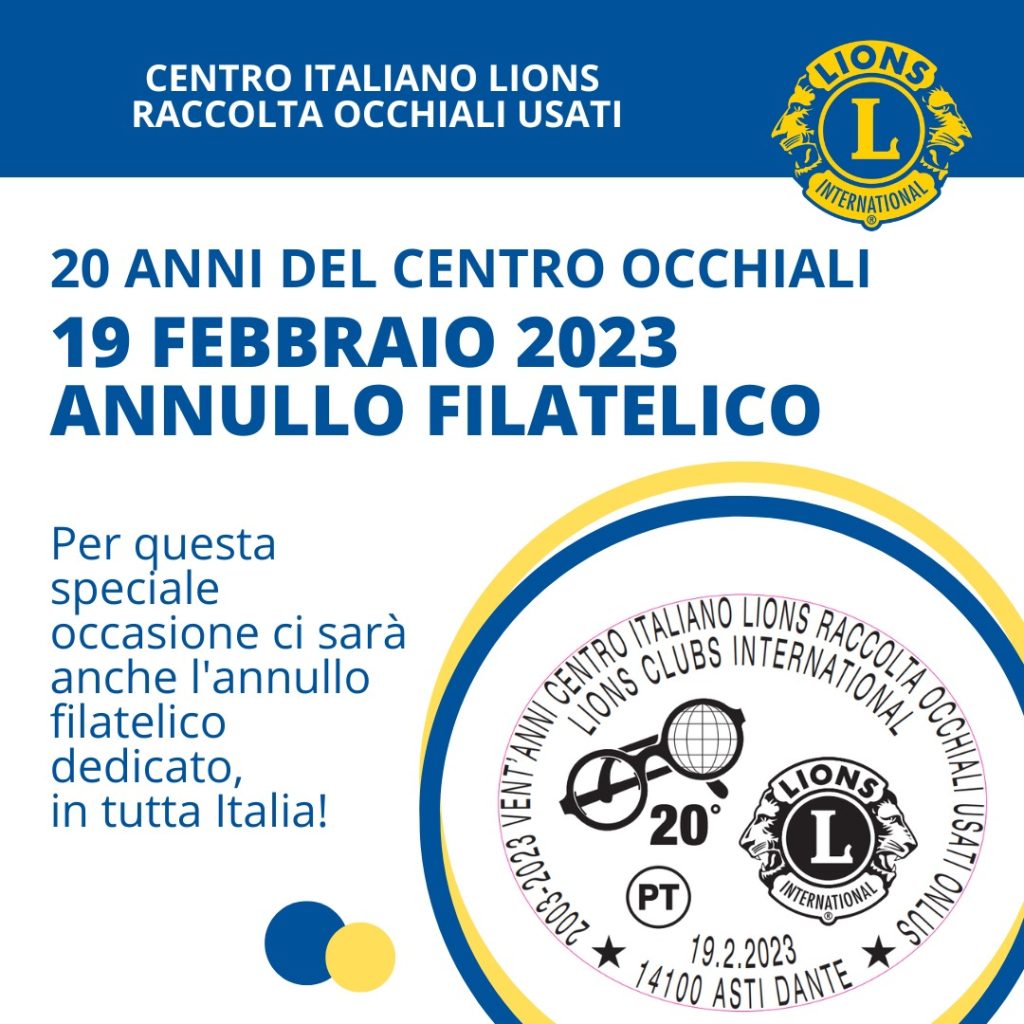 Annullo filatelico per i 20 anni del centro italiano Lions Raccolta Occhiali Usati